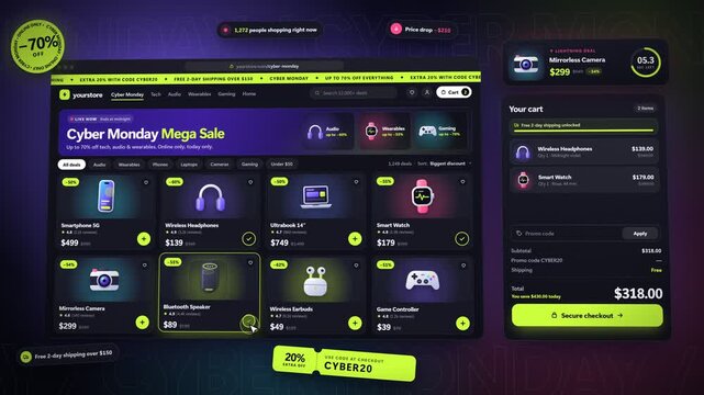 Cyber Monday online shopping interface with add to cart and secure checkout in 4K seamless loop
