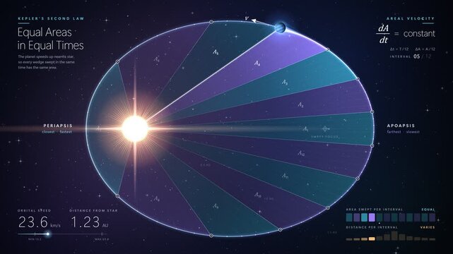 Keplers second law planetary orbital motion animation with equal area wedges in 4K