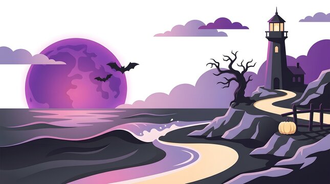 A coastal lighthouse scene with a large moon and silhouetted bats is rendered in a stylized vector illustration silhouette nightscape