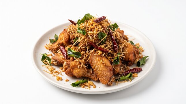 Thai Deep-Fried Chicken Wings with Crispy Herbs isolated on white background