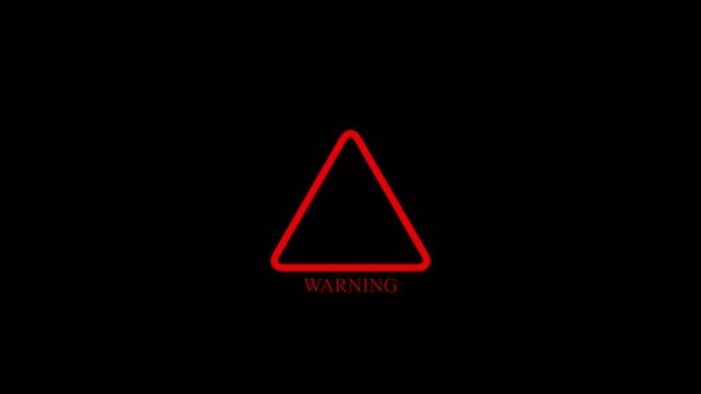 Red glowing neon warning triangle with text sign blinking animation on black background, danger and hazard alert symbol loop motion graphics, security caution element.
