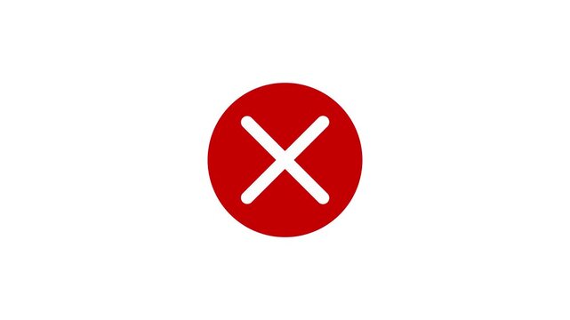 Red circle white cross mark cancel icon animation on white background, error and wrong choice concept element, rejected and failed task loop motion graphics for interface design.
