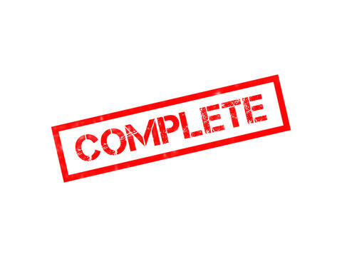 A bright red rectangular rubber stamp with the word complete written in bold capital letters, isolated on a transparent background