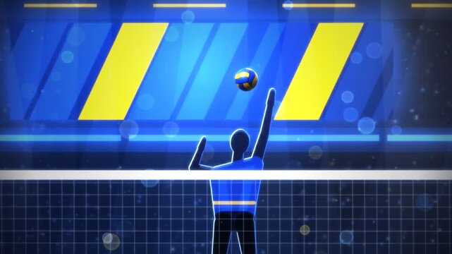 Animated volleyball player executing a powerful spike shot over the net in a luminous arena