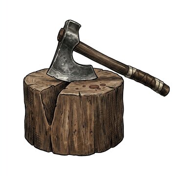 A vintage-style illustration showing an old wooden axe sitting on top of a tree trunk chopping block.