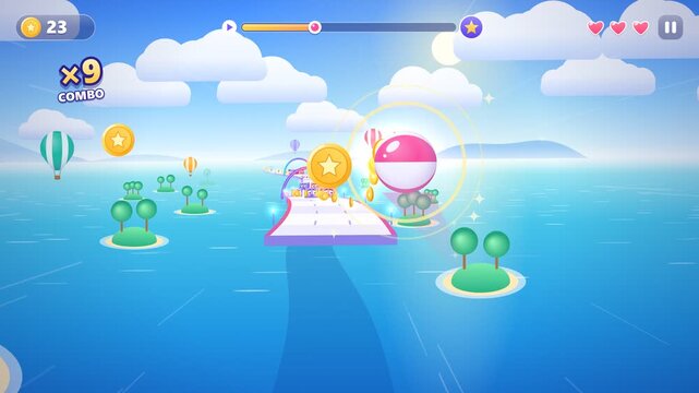 Colorful mobile hyper-casual game runner level completion with bouncing ball and cute cube obstacles