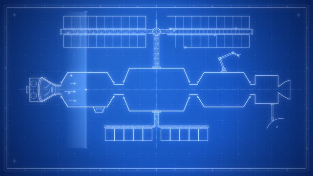 Blueprint line drawing of generic space station cutaway revealing interior modules in 4K