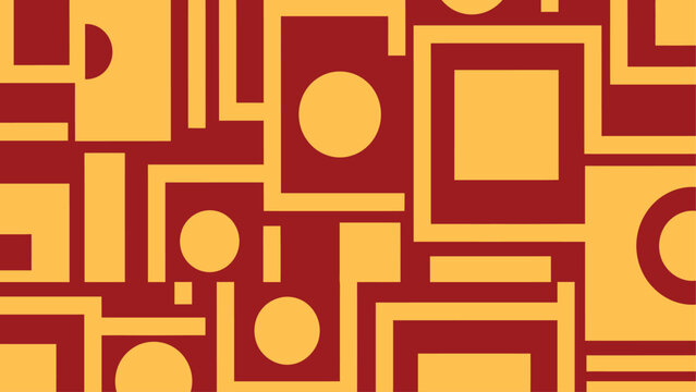 Abstract geometric pattern featuring maroon and yellow shapes including circles, squares, and rectangles in a constructivist or mid-century modern aesthetic style.