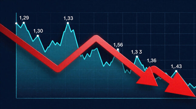 Red arrow shows sharp downward trend on blue background. Line chart with data points displays falling value, financial loss. Business graph illustrates economic crash, market decline, negative stock