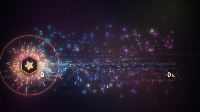 Video game experience bar leveling up with glowing particles and progress meter loop