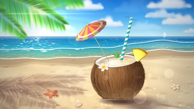Refreshing tropical coconut cocktail on beach sand with ocean background seamless loop animation