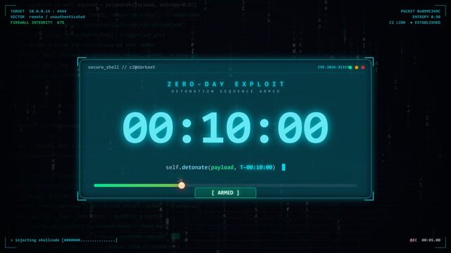 Zero day exploit countdown timer hacking interface with critical warning alert loop