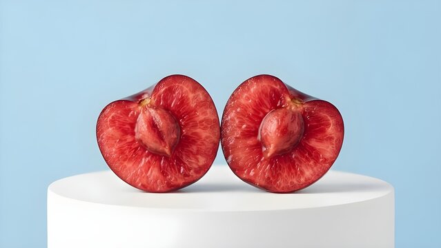 하얀색 바닥 위로 속살과 씨앗이 선명하게 보이도록 반으로 잘려 나란히 놓인 신선한 체리 과일
Fresh sweet cherry fruit cut in half showing detailed pits and pulp on a clean surface