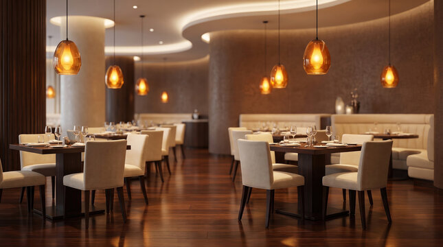 Elegant modern restaurant interior with warm ambient lighting, wooden tables, and comfortable booths for upscale dining experiences and hospitality concepts