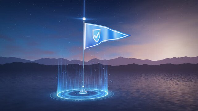 Blue holographic checkpoint flag with shield icon glowing in digital landscape landscape