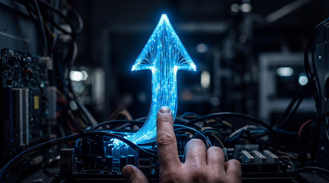 Businessman Pointing at Holographic Upward Growth Arrow and Data Streams