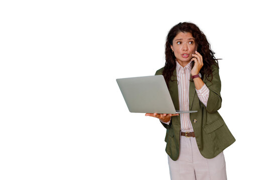 Stressed business woman talking on phone and holding laptop, experiencing multitasking pressure and work overload
