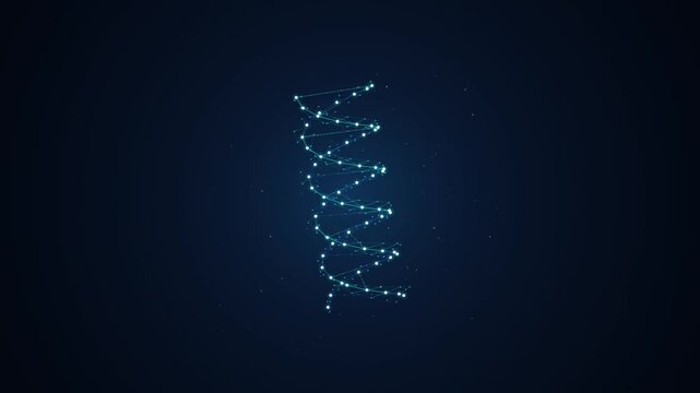Futuristic glowing blue digital DNA strand rotating on dark background motion graphic stock footage