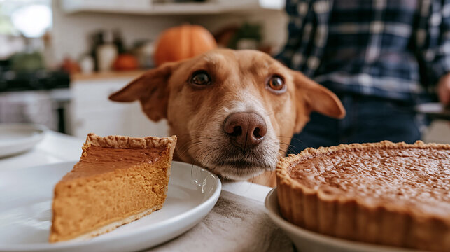 Curious brown dog staring at a slice of pumpkin pie and whole homemade pie on a kitchen table during autumn thanksgiving celebration