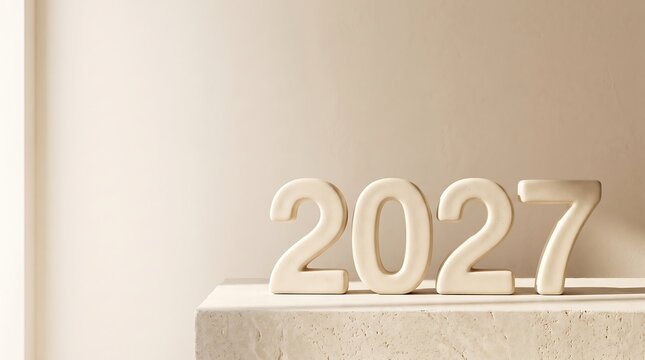 2027 ceramic numbers standing on a neutral beige pedestal tabletop in minimal contemporary interior decor