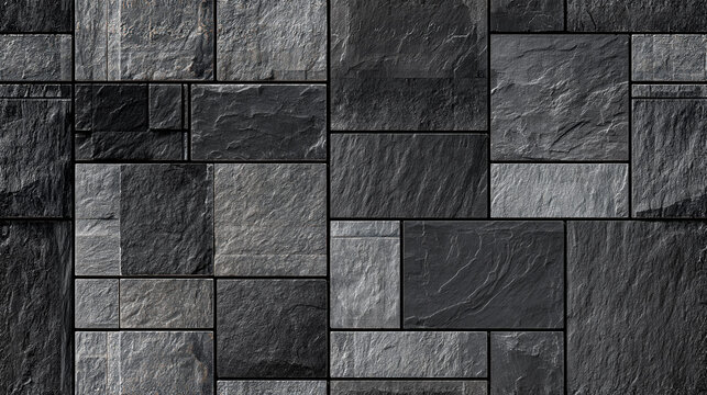 Dark gray stone wall texture background with rectangular tiles and rough surface