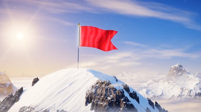 Red flag fluttering on top of snowy mountain peak under bright morning sun and cloudy sky