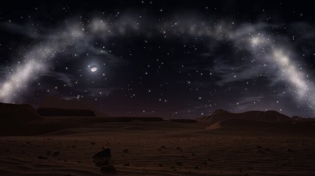 Night sky timelapse of mars landscape with dual moons and milky way galaxy