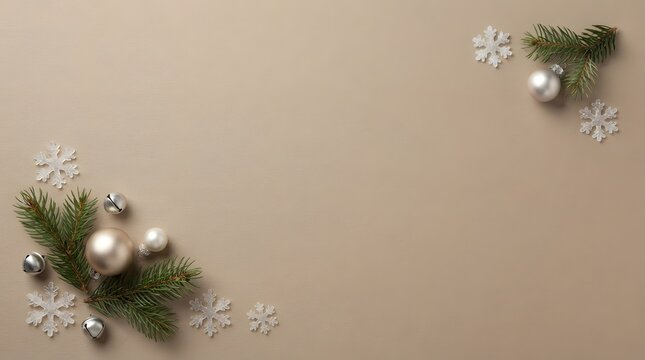 A festive and elegant christmas backdrop featuring evergreen boughs shimmering ornaments and a neutral color palette perfect for holiday photoshoots and celebrations