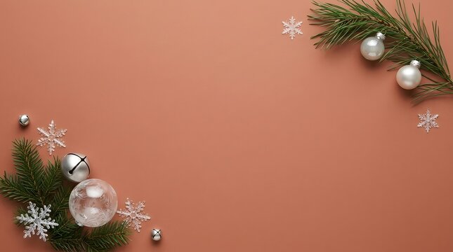 A festive christmas background featuring delicate ornaments lush greenery and a warm inviting terracotta color palette perfect for holiday designs