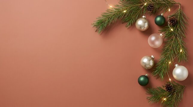 A festive and elegant christmas background with evergreen boughs and shimmering ornaments perfect for holiday greetings and seasonal designs