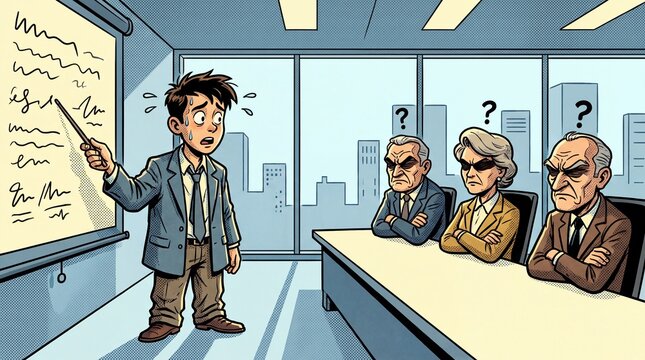 Nervous man presenting scribbled charts to skeptical investors in a comic style illustration