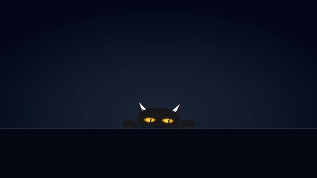 Mysterious Black Cat with Glowing Yellow Eyes Peeking Over Edge.