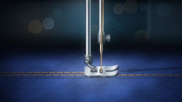 Close Up Of Sewing Machine Needle Stitching Blue Denim Fabric Seamless Loop