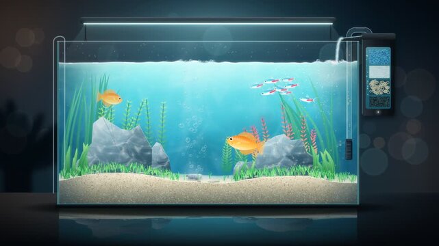 Clean aquarium with colorful tropical fish swimming and bubbling filter system in seamless loop