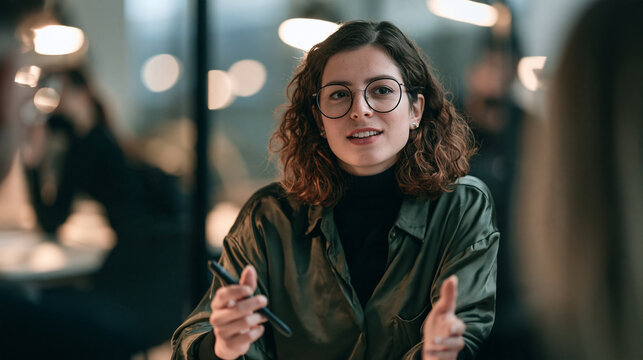 An HR manager conducting a satisfaction survey follow-up conversation with an employee, medium shot, bright office bokeh, natural daylight, realistic photo