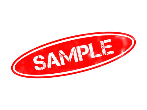 Red oval rubber stamp with the word sample in white distressed capital letters on a black background, for document marking, and office use isolated on a transparent background