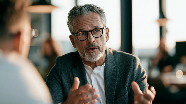 An HR manager conducting a skip-level meeting with an employee, medium shot, bright modern office blurred, natural daylight, realistic photo
