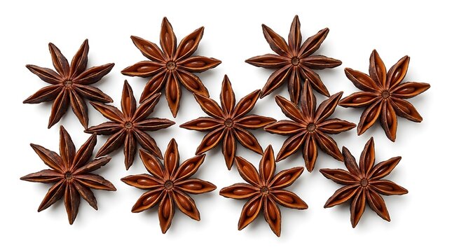 Macro photograph of dried star anise spice seeds arranged on white background