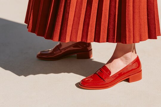Close up of rust red pleated skirt hem over glossy red loafers and visible feet, with strong sunlight and shadows on a neutral concrete surface
