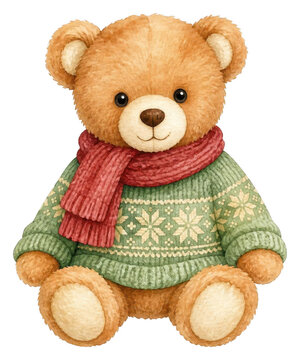Watercolor cute teddy bear wearing a green Nordic knitted sweater
