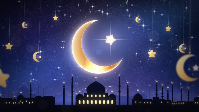 Ramadan Crescent Moon And Twinkling Stars Night Sky With Mosque Silhouette