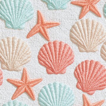 Raised embroidered pattern with pastel seashells and starfish on textured white fabric, repeating coastal motif in coral, aqua, and cream colors, seamless textile design