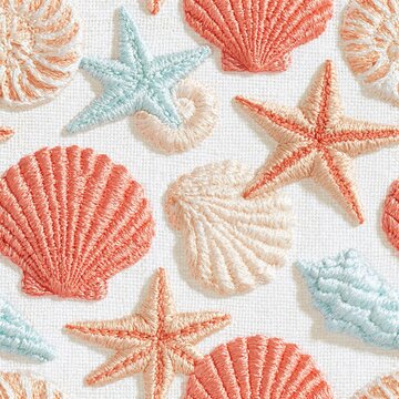 Seamless embroidered sea shell and starfish pattern with coral, cream, and aqua raised thread motifs on textured white fabric, coastal textile surface design