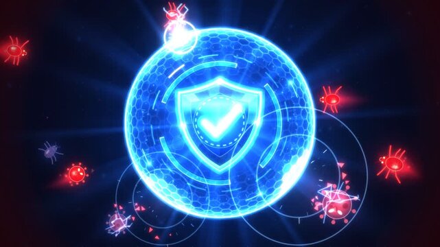Digital Antivirus Shield Protecting Against Red Malware Viruses And Bugs In Futuristic Cyberspace 4K Loop