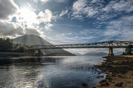 Late afternoon sun on Loch Leven and the Ballachulish bridge in the Highlands of Scotland