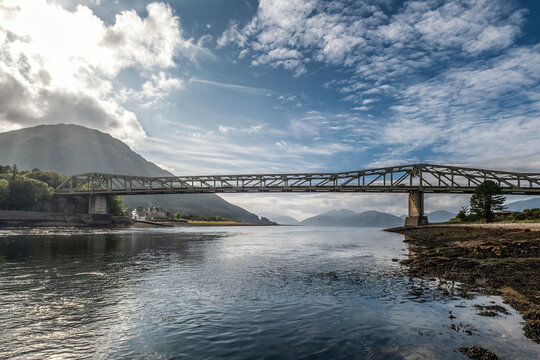 Late afternoon sun on Loch Leven and the Ballachulish bridge in the Highlands of Scotland