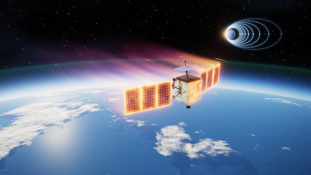 Spacecraft aerobraking through upper atmosphere of planet with glowing solar panels
