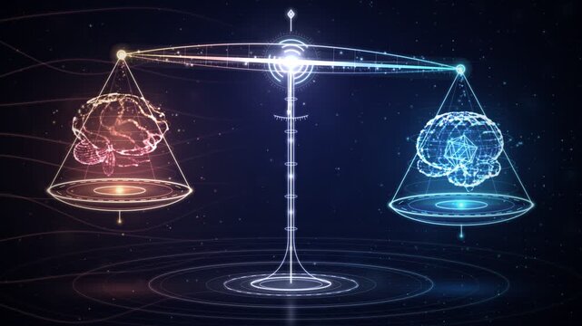 Artificial intelligence ethics concept scale balancing human brain and machine digital core in glowing 4k loop