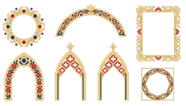 Ornate gothic arched frames and decorative circular borders feature rich red and blue floral accents.