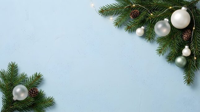 A serene and festive christmas background featuring elegant ornaments and lush evergreen branches perfect for holiday greetings and seasonal designs